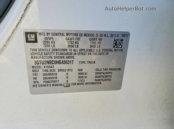 3GTU2NEC0HG436317 2017 GMC SIERRA White Widok komory silnika