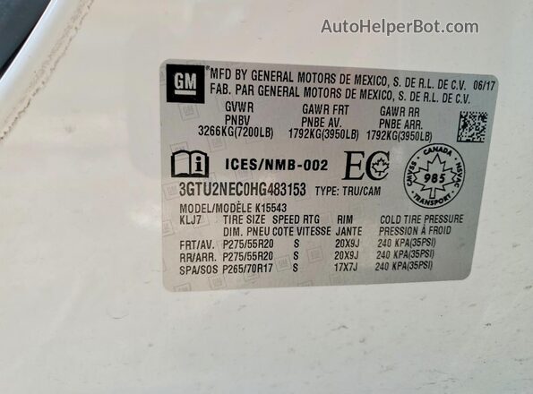 3GTU2NEC0HG483153 2017 GMC SIERRA White Widok komory silnika