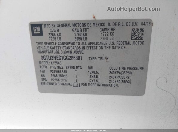 3GTU2NEC1GG286801 2016 GMC SIERRA White Engine compartment view