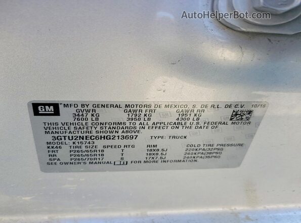 3GTU2NEC6HG213697 2017 GMC SIERRA Серебряный Вид наклейки с VIN-кодом