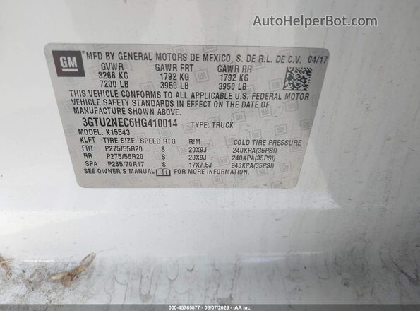 3GTU2NEC6HG410014 2017 GMC SIERRA White Vista del compartimento del motor