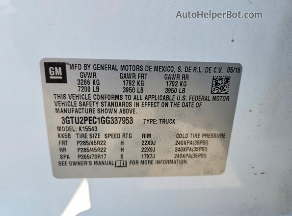 3GTU2PEC1GG337953 2016 GMC SIERRA White Vista de la etiqueta del VIN
