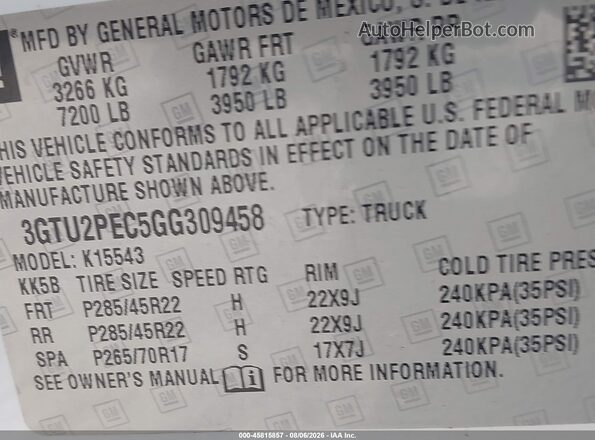 3GTU2PEC5GG309458 2016 GMC SIERRA White Engine compartment view
