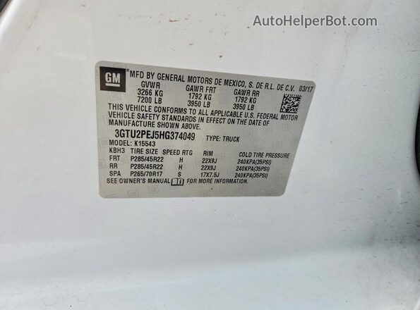 3GTU2PEJ5HG374049 2017 GMC SIERRA Белый Вид наклейки с VIN-кодом
