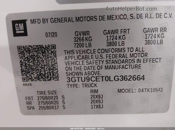 3GTU9CET0LG362664 2020 GMC SIERRA White Շարժիչի բաժամունքի տեսք