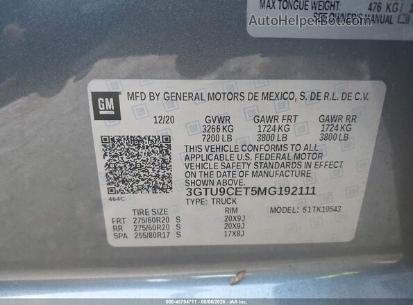 3GTU9CET5MG192111 2021 GMC SIERRA Gray ძრავის განყოფილების ხედი