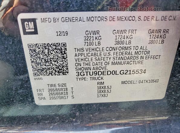 3GTU9DED0LG215534 2020 GMC SIERRA Black VIN կոդի պիտակի տեսք