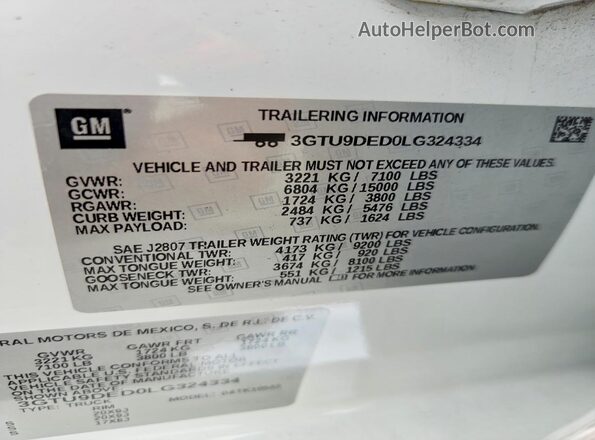 3GTU9DED0LG324334 2020 GMC SIERRA White Widok komory silnika