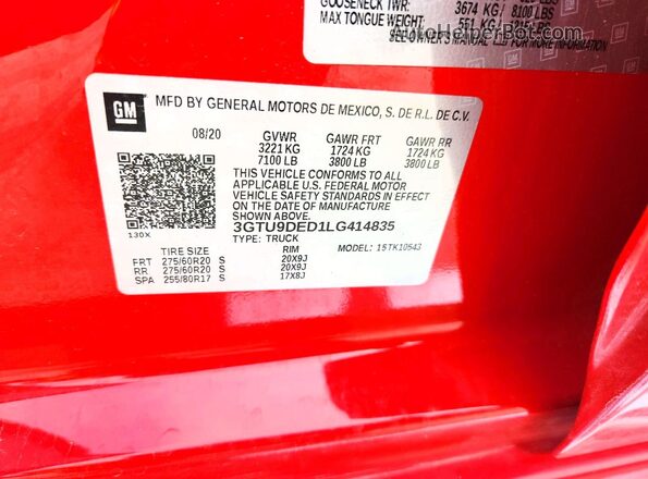 3GTU9DED1LG414835 2020 GMC SIERRA Красный Вид подкапотного пространства