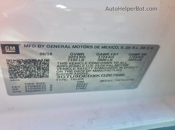 3GTU9DEDXKG267686 2019 GMC SIERRA White ძრავის განყოფილების ხედი