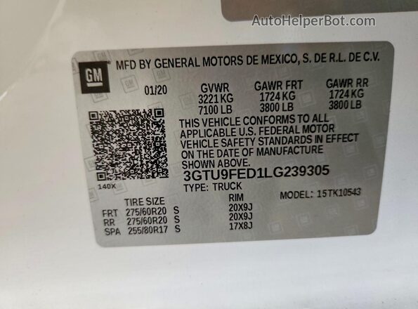 3GTU9FED1LG239305 2020 GMC SIERRA Белый Вид наклейки с VIN-кодом