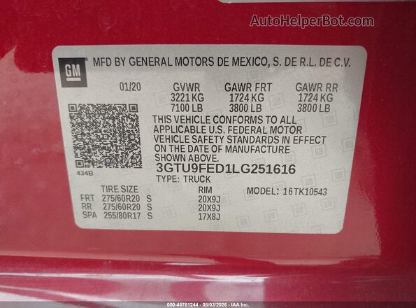 3GTU9FED1LG251616 2020 GMC SIERRA Красный Вид подкапотного пространства
