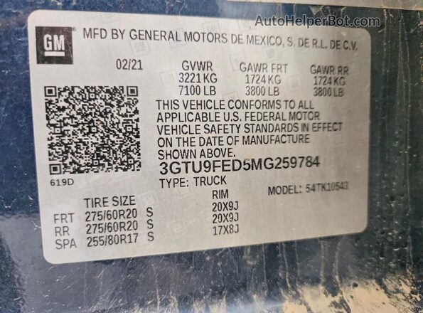 3GTU9FED5MG259784 2021 GMC SIERRA Blue Вид підкапотного простору
