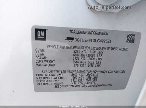 3GTU9FEL3LG422521 2020 GMC SIERRA White Widok komory silnika