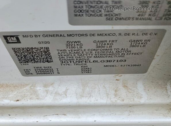3GTU9FEL6LG387103 2020 GMC SIERRA White Вид підкапотного простору