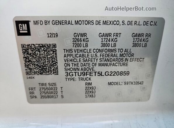 3GTU9FET5LG220859 2020 GMC SIERRA White Widok komory silnika
