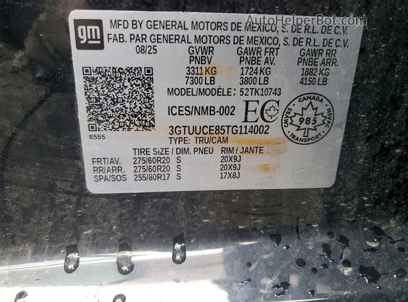 3GTUUCE85TG114002 2026 GMC SIERRA Black Vista de la etiqueta del VIN