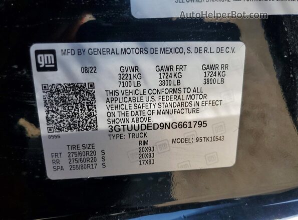 3GTUUDED9NG661795 2022 GMC SIERRA Black Вид наклейки з VIN-кодом