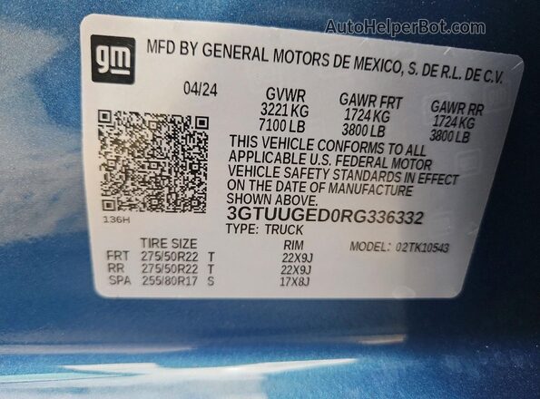 3GTUUGED0RG336332 2024 GMC SIERRA Blue Շարժիչի բաժամունքի տեսք