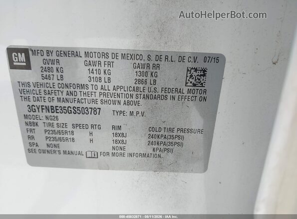 3GYFNBE35GS503787 2016 CADILLAC SRX Белый Вид подкапотного пространства