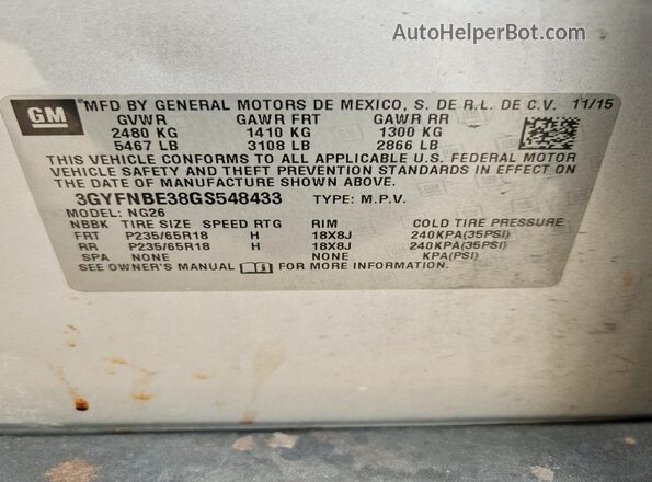 3GYFNBE38GS548433 2016 CADILLAC SRX Серебряный Вид наклейки с VIN-кодом