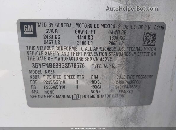 3GYFNBE38GS578676 2016 CADILLAC SRX White Շարժիչի բաժամունքի տեսք