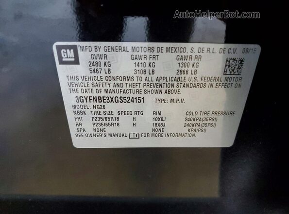 3GYFNBE3XGS524151 2016 CADILLAC SRX Black Vista de la etiqueta del VIN