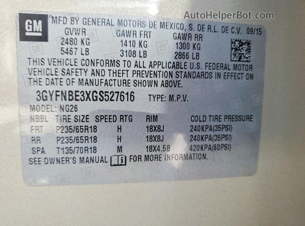 3GYFNBE3XGS527616 2016 CADILLAC SRX Gold Vista de la etiqueta del VIN