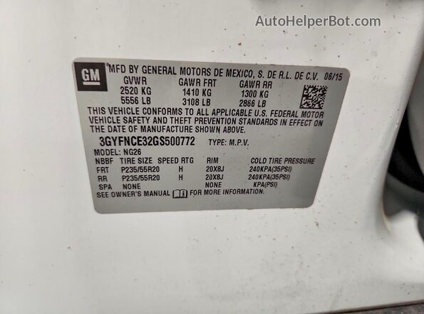 3GYFNCE32GS500772 2016 CADILLAC SRX White VIN կոդի պիտակի տեսք