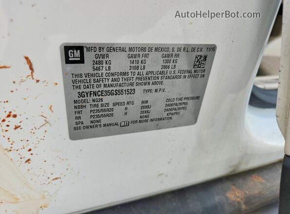 3GYFNCE35GS551523 2016 CADILLAC SRX White VIN კოდის სტიკერის ხედი
