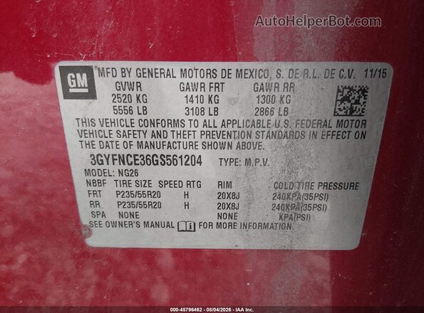 3GYFNCE36GS561204 2016 CADILLAC SRX Красный Вид подкапотного пространства