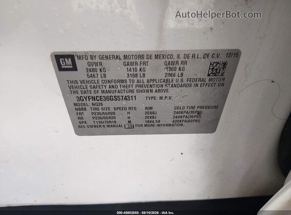 3GYFNCE36GS574311 2016 CADILLAC SRX White ძრავის განყოფილების ხედი