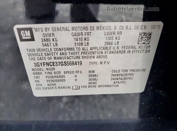 3GYFNCE37GS568419 2016 CADILLAC SRX Black Вид наклейки з VIN-кодом