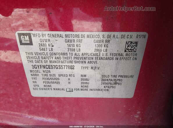 3GYFNCE37GS577802 2016 CADILLAC SRX Red Շարժիչի բաժամունքի տեսք