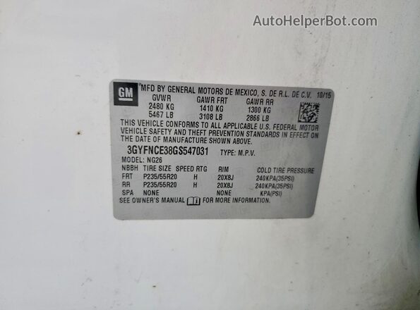 3GYFNCE38GS547031 2016 CADILLAC SRX Белый Вид наклейки с VIN-кодом