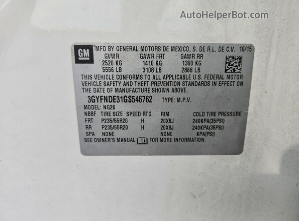 3GYFNDE31GS546762 2016 CADILLAC SRX White VIN sticker view