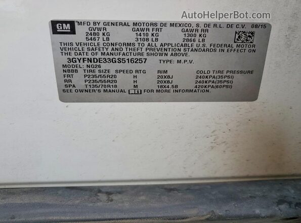 3GYFNDE33GS516257 2016 CADILLAC SRX White Vista de la etiqueta del VIN