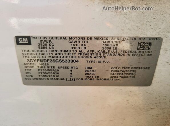 3GYFNDE36GS533084 2016 CADILLAC SRX White VIN կոդի պիտակի տեսք