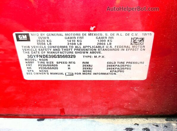 3GYFNDE39GS568329 2016 CADILLAC SRX Burgundy VIN կոդի պիտակի տեսք