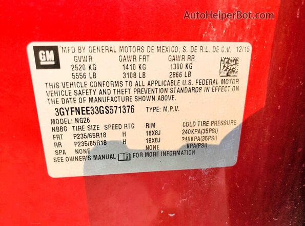 3GYFNEE33GS571376 2016 CADILLAC SRX Red Вид наклейки з VIN-кодом