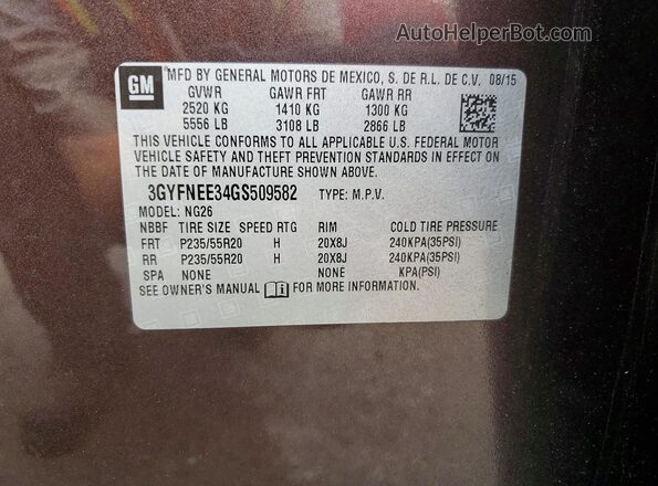 3GYFNEE34GS509582 2016 CADILLAC SRX Brown VIN կոդի պիտակի տեսք