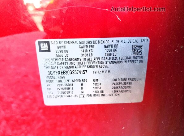 3GYFNEE36GS574157 2016 CADILLAC SRX Red Vista de la etiqueta del VIN