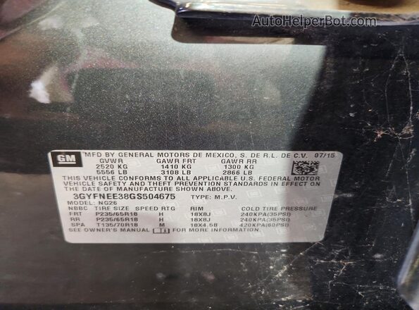 3GYFNEE38GS504675 2016 CADILLAC SRX Black VIN կոդի պիտակի տեսք
