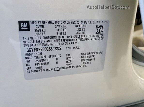 3GYFNEE38GS507222 2016 CADILLAC SRX Cream Widok wnętrza 360 stopni