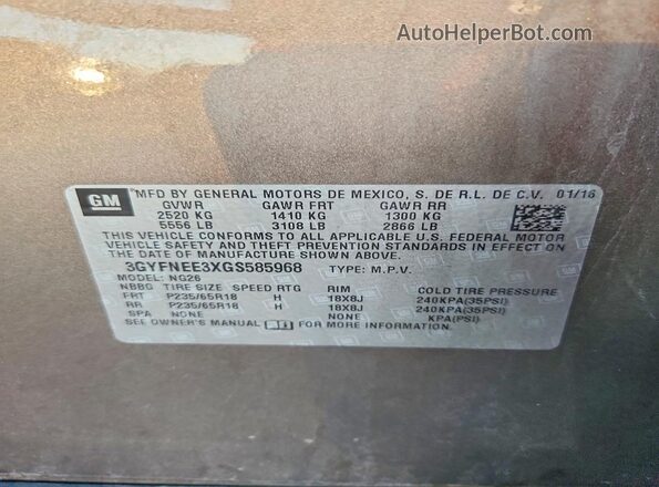 3GYFNEE3XGS585968 2016 CADILLAC SRX Gray Vista de la etiqueta del VIN