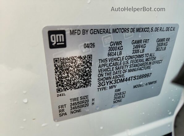 3GYK3DM44TS169997 2026 CADILLAC OPTIQ White Widok naklejki z numerem VIN