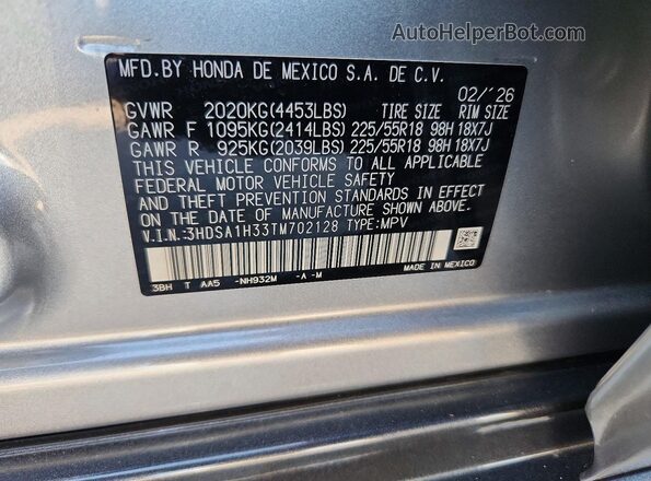 3HDSA1H33TM702128 2026 ACURA ADX Silver VIN sticker view