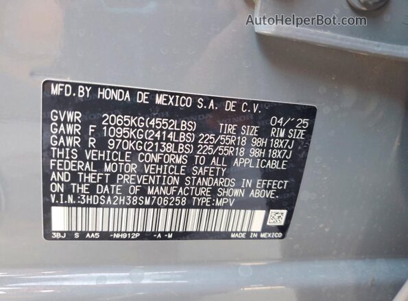 3HDSA2H38SM706258 2025 ACURA ADX Gray Vista de la etiqueta del VIN