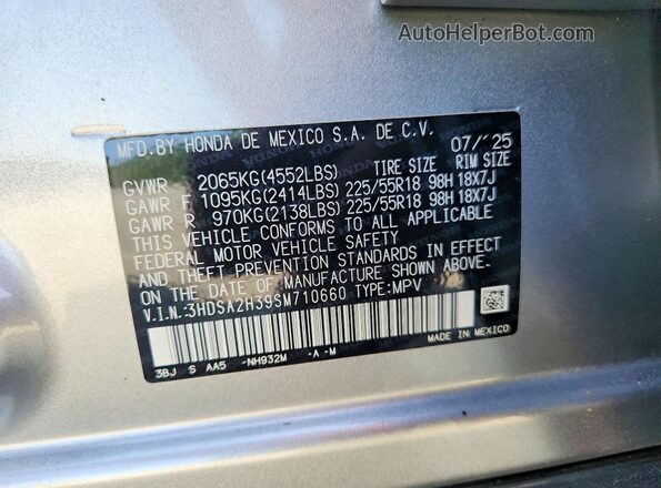 3HDSA2H39SM710660 2025 ACURA ADX Silver VIN კოდის სტიკერის ხედი