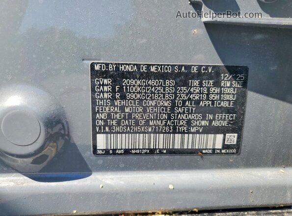 3HDSA2H5XSM717263 2025 ACURA ADX Gray Widok naklejki z numerem VIN